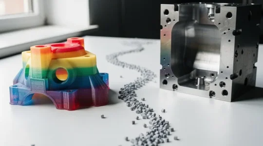 Professional workspace showing 3D printed prototype and metal injection mold side by side