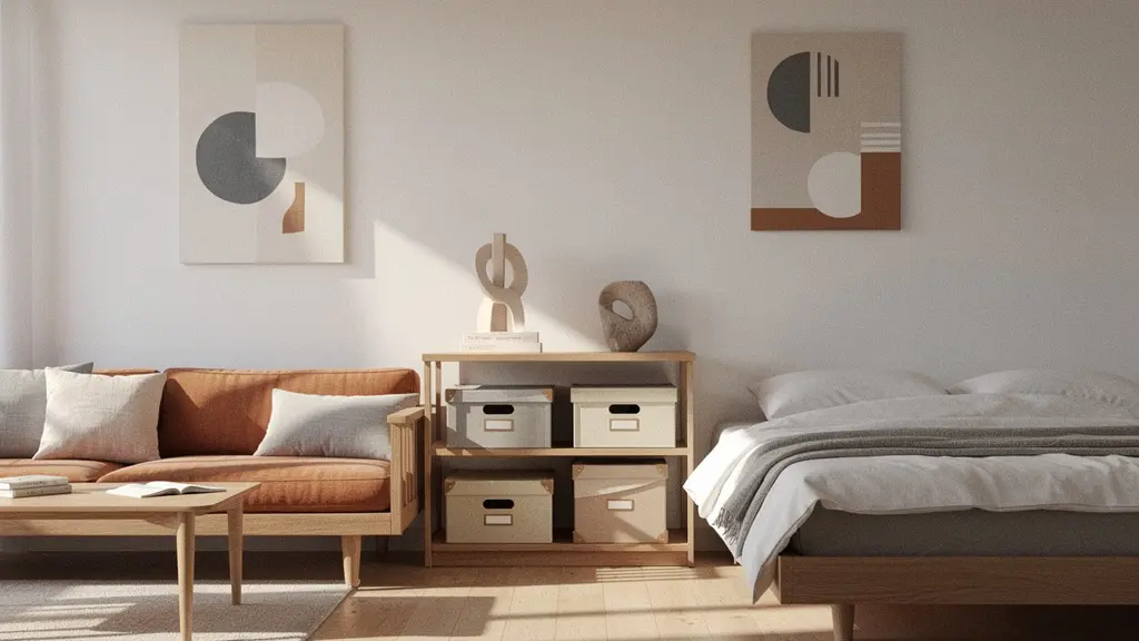 Serene 400 square foot studio apartment with calming organization and natural light