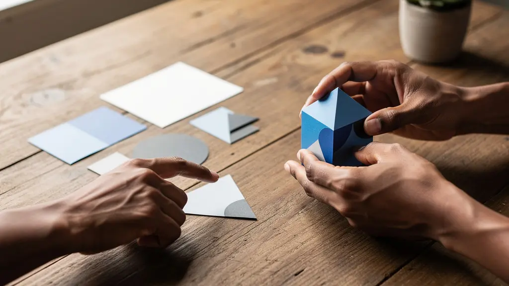 Hands arranging abstract geometric shapes from theoretical patterns into practical workspace configurations