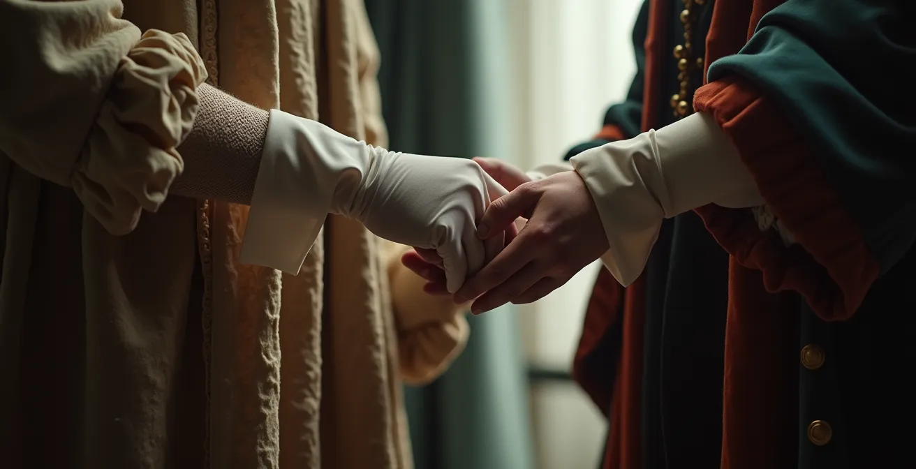 Actor removing theatrical costume in a symbolic ritual of separation from character