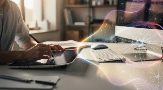 Human artist and AI tools working together in a creative studio environment showing the evolution of illustration