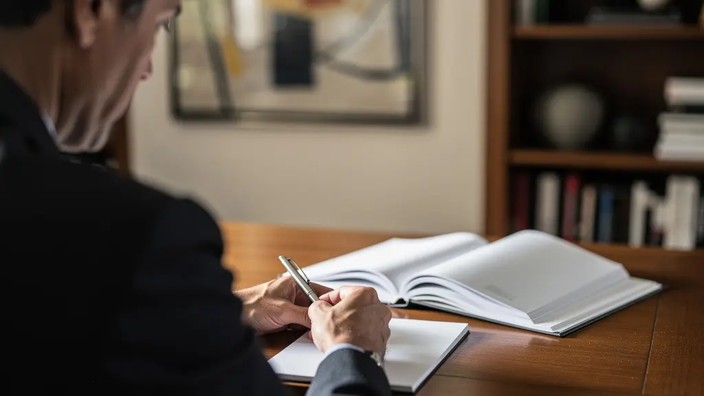 Person studying art market charts and auction catalogs in sophisticated home office