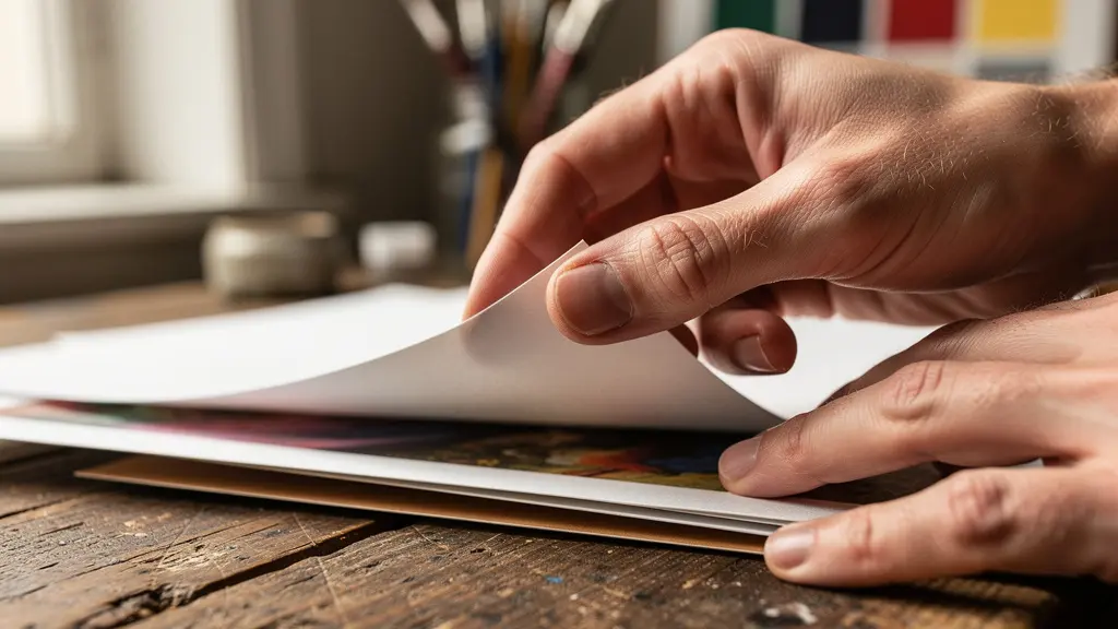 Close-up of hands examining art portfolio prints on wooden studio table