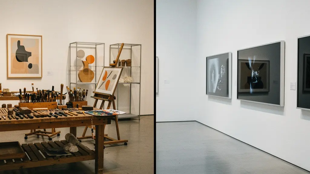 Split view of two digital art portfolio platforms, one an organic studio and the other a commercial gallery.