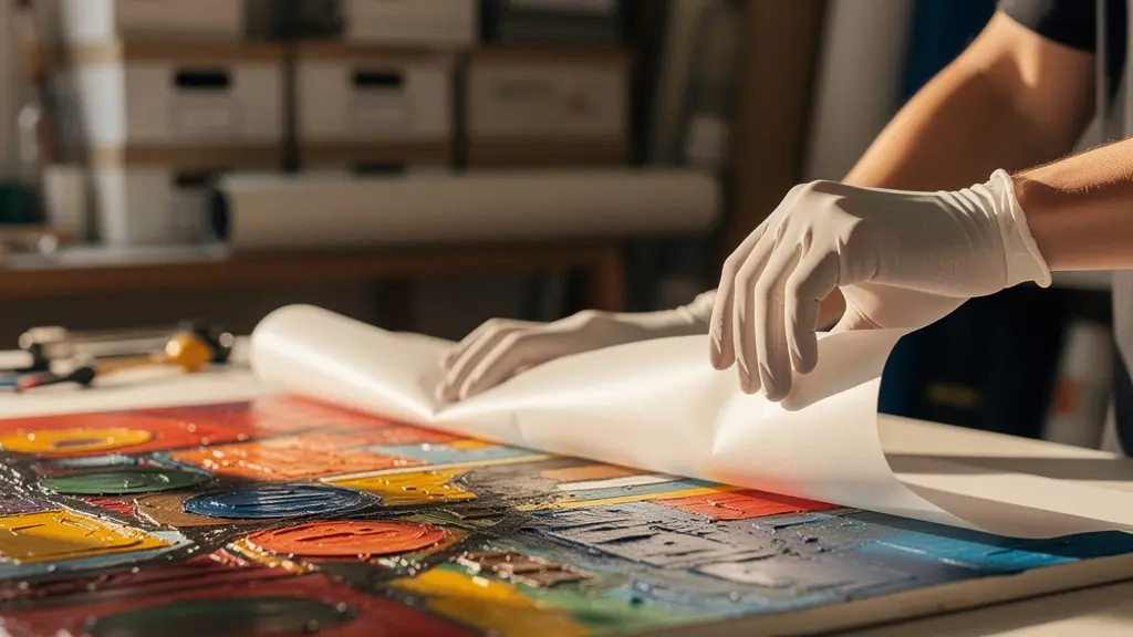 An artist's hands carefully laying a protective layer of translucent glassine paper over a colorful acrylic painting.