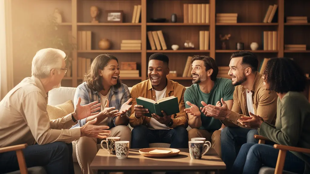 Diverse group of readers engaged in animated book club discussion in a warm, intimate setting