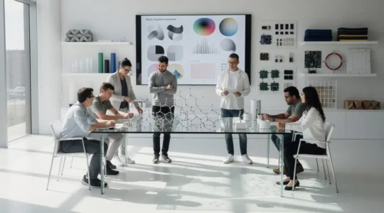 Creative professionals transforming abstract research concepts into tangible design prototypes in collaborative workspace