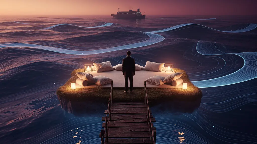 Person stepping from a luxurious golden island toward a mysterious ship on the horizon, symbolizing leaving a digital comfort zone.
