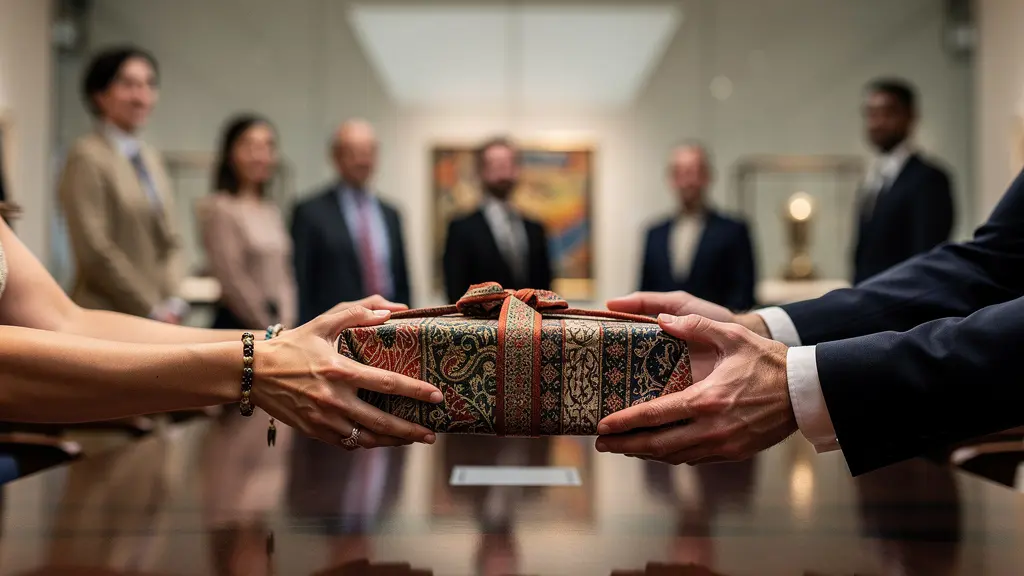 Traditional ceremonial gift exchange between museum representatives and cultural delegates