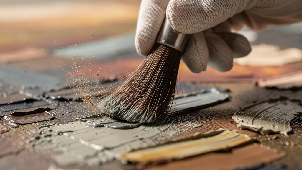 Extreme close-up of conservator's hand gently cleaning oil painting surface with specialized tools