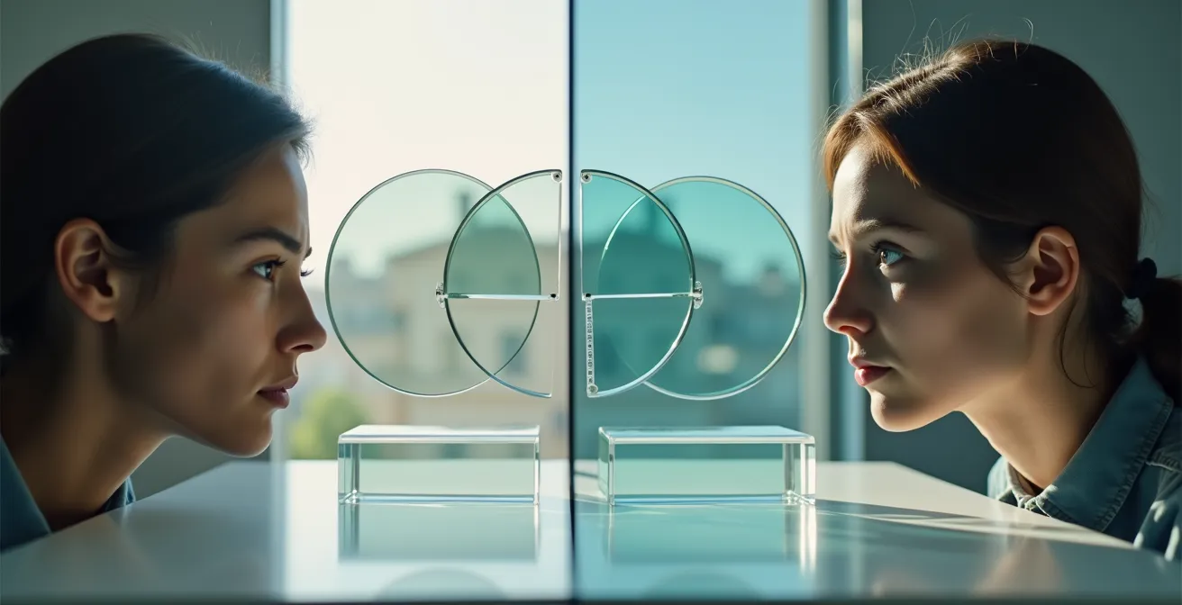 Split composition showing a person confused by overlapping circular discs and another person clearly understanding aligned rectangular blocks, representing the cognitive load of pie charts versus bar graphs.