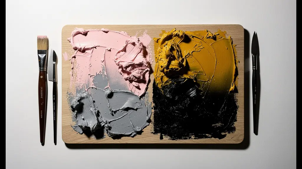 Abstract arrangement of paint swatches transitioning from dark to vibrant hues