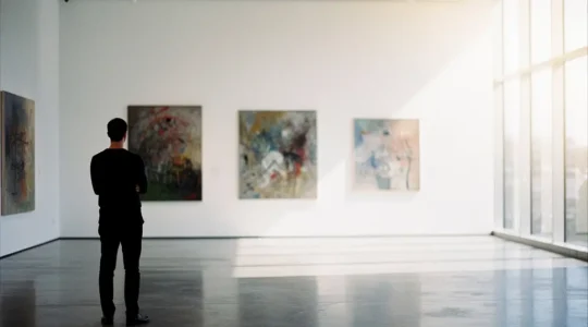 New collector examining contemporary paintings in modern art gallery with natural light