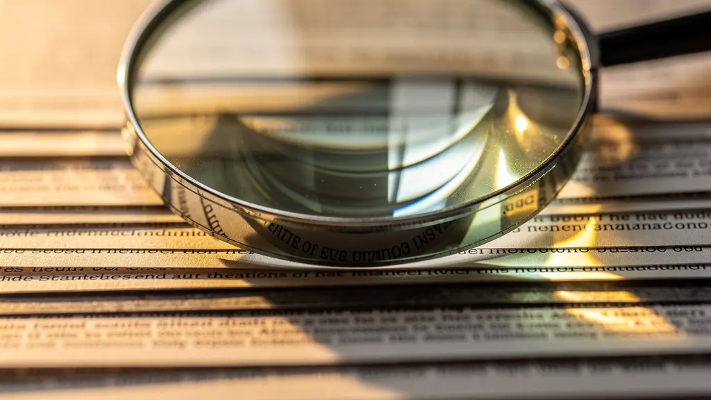 A magnifying glass hovering over the fine print of a contract, symbolizing the need for authors to scrutinize legal details.