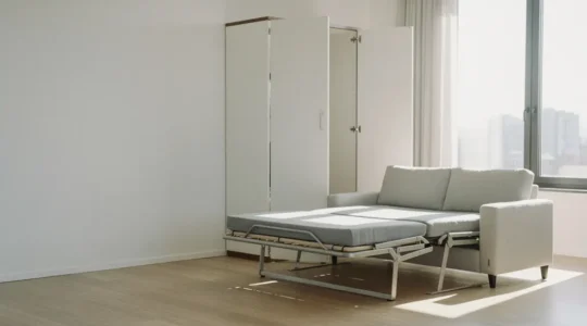 Professional testing of convertible furniture mechanisms showing durability evaluation in modern studio apartment