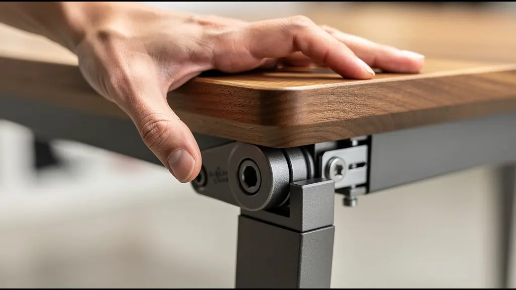 Close-up demonstration of corner load testing on an extended convertible table, showing stability verification.