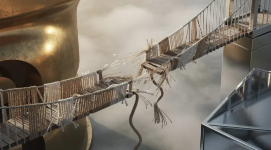 Corporate rebranding bridge between old and new brand identity showing emotional connection gap