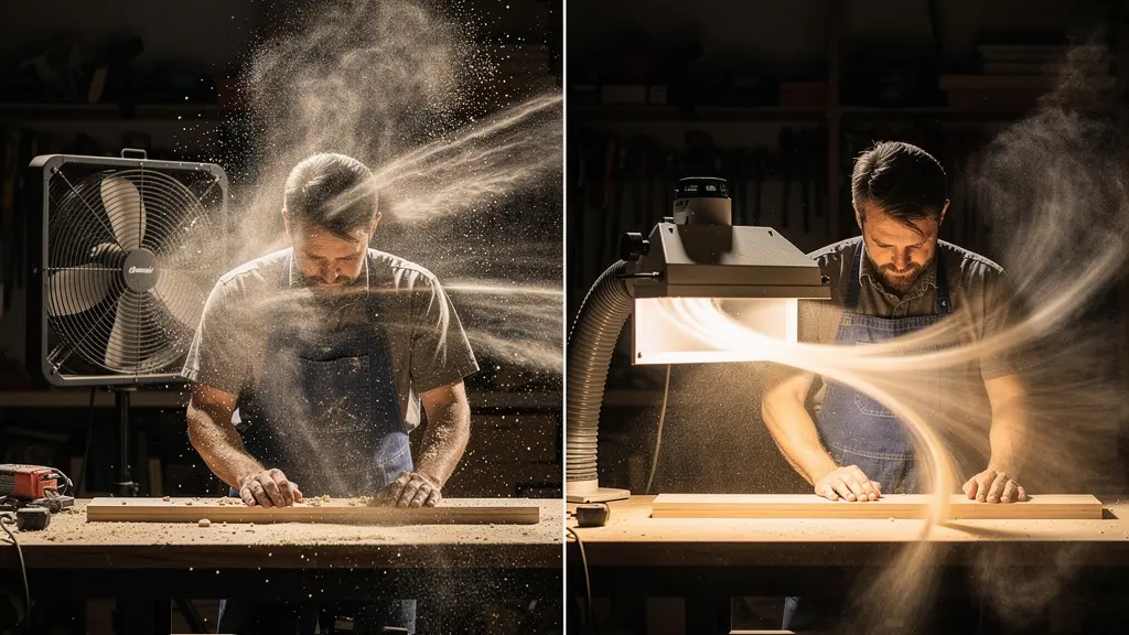 Split view showing wrong and right dust extraction setup for stone carving workstation