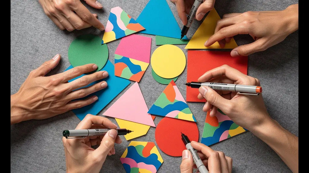 Diverse team arranging colorful geometric shapes on wall during brainstorming session