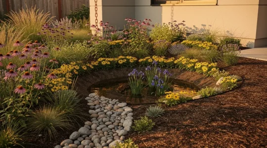Artistic rain garden with curved organic borders featuring native plants and decorative river stones in a residential backyard setting