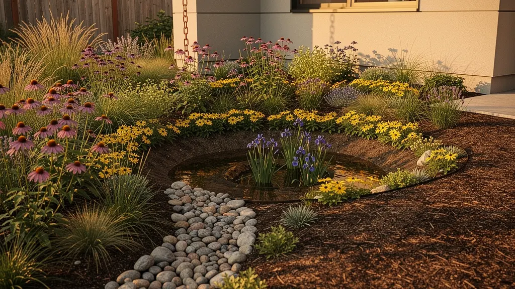 Artistic rain garden with curved organic borders featuring native plants and decorative river stones in a residential backyard setting