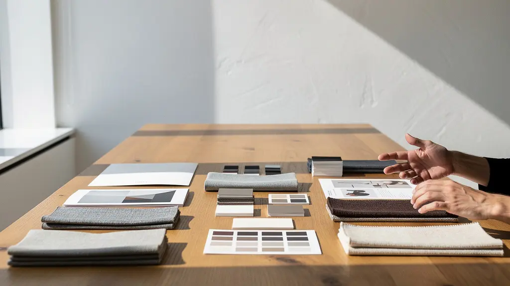 Professional presentation setting showing creative work displayed in elegant portfolio format