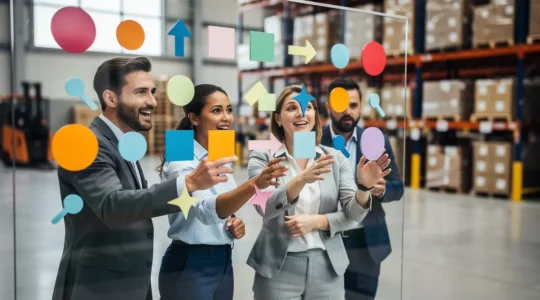Collaborative team mapping supply chain processes on a transparent board with colorful sticky notes