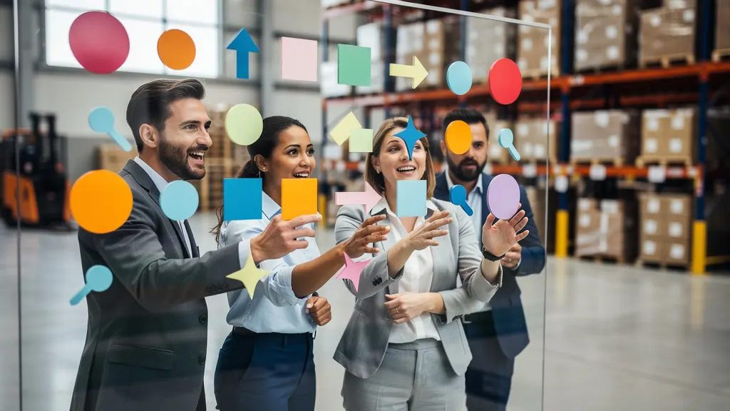Collaborative team mapping supply chain processes on a transparent board with colorful sticky notes