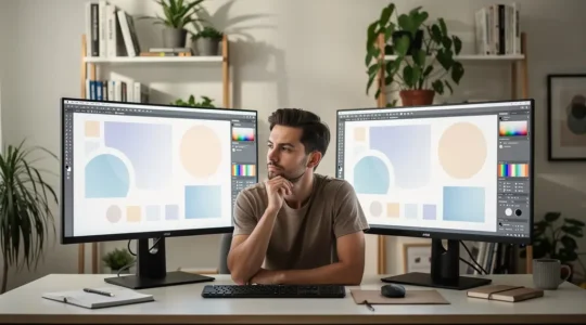 Freelance designer examining two design software interfaces on dual monitors in modern workspace