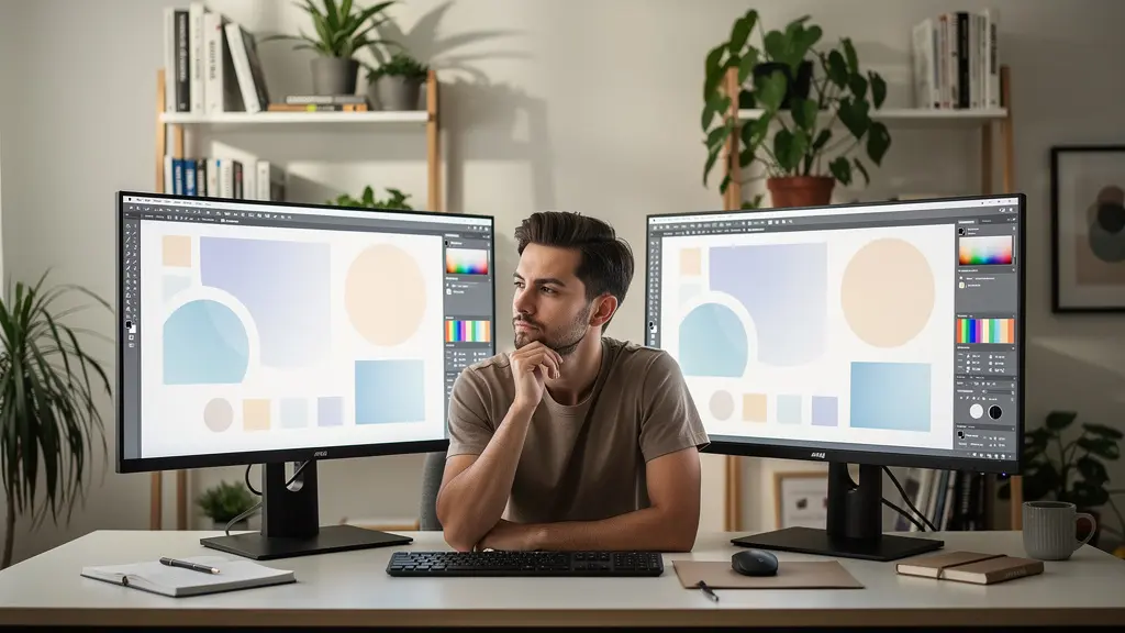 Freelance designer examining two design software interfaces on dual monitors in modern workspace