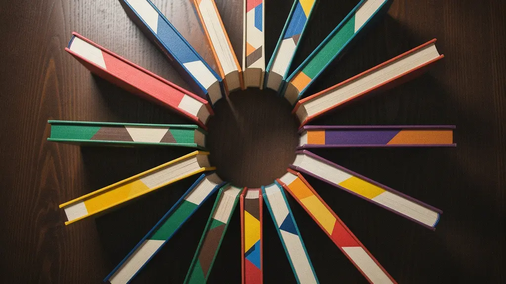 Abstract arrangement of diverse books representing different cultural perspectives
