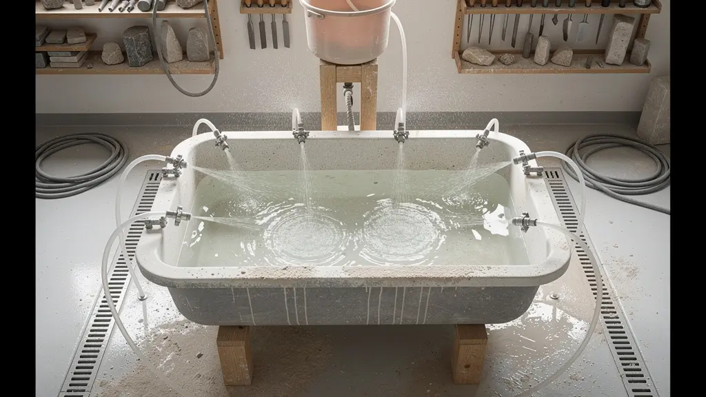 Overhead view of a compact wet carving station with water containment system in a small workshop