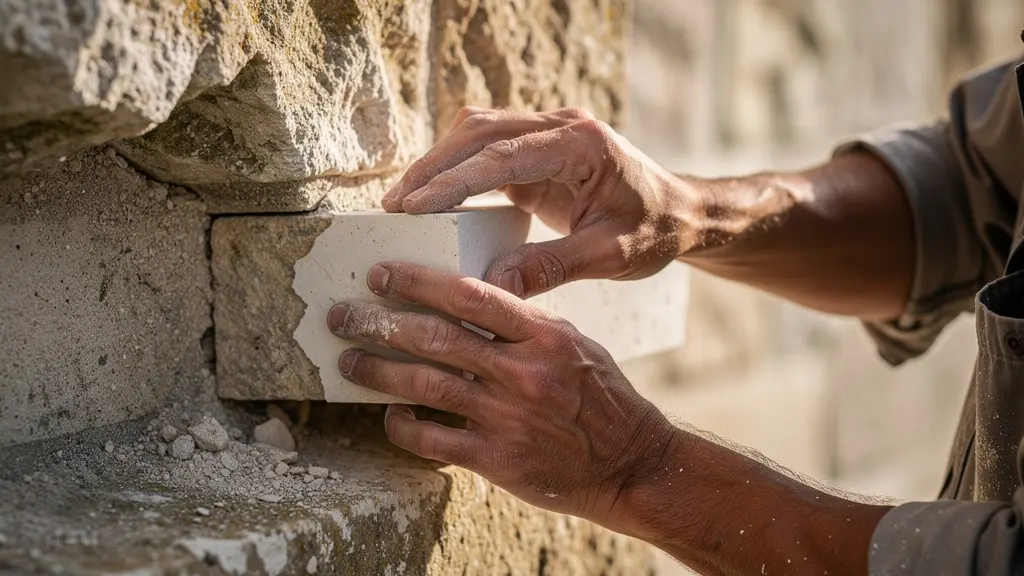 Craftsman performing precise Dutchman stone repair on weathered facade