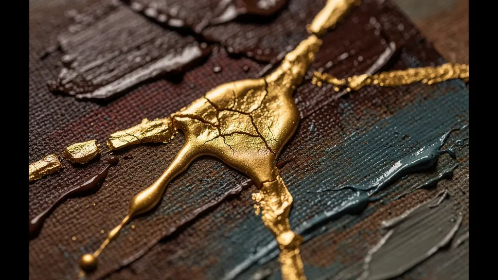 Close-up of paint drips and 'mistakes' highlighted with gold accents on canvas