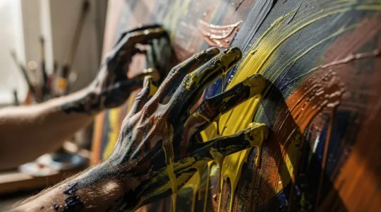 An artist's hand immersed in vibrant paint creating expressive abstract strokes