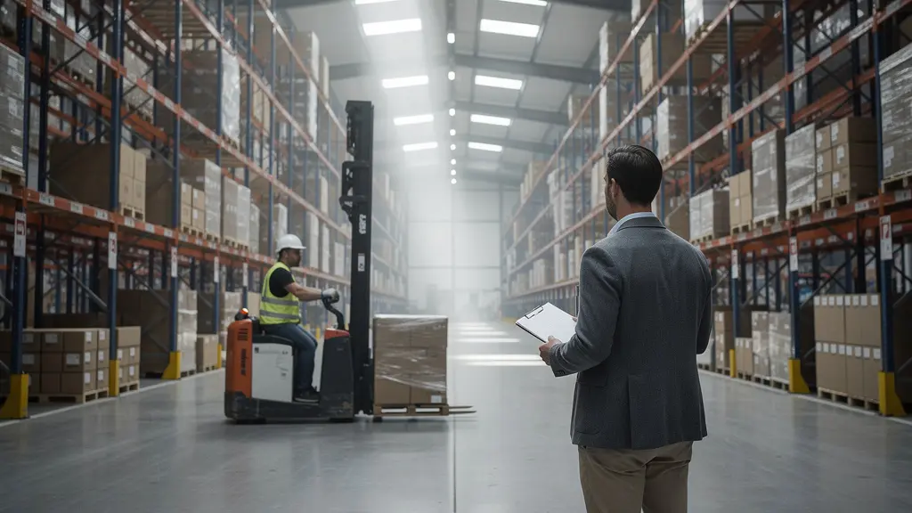 Manager observing warehouse worker's daily routine with notebook in industrial setting