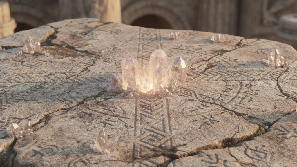 Ancient ruins with scattered glowing artifacts revealing story elements in game environment