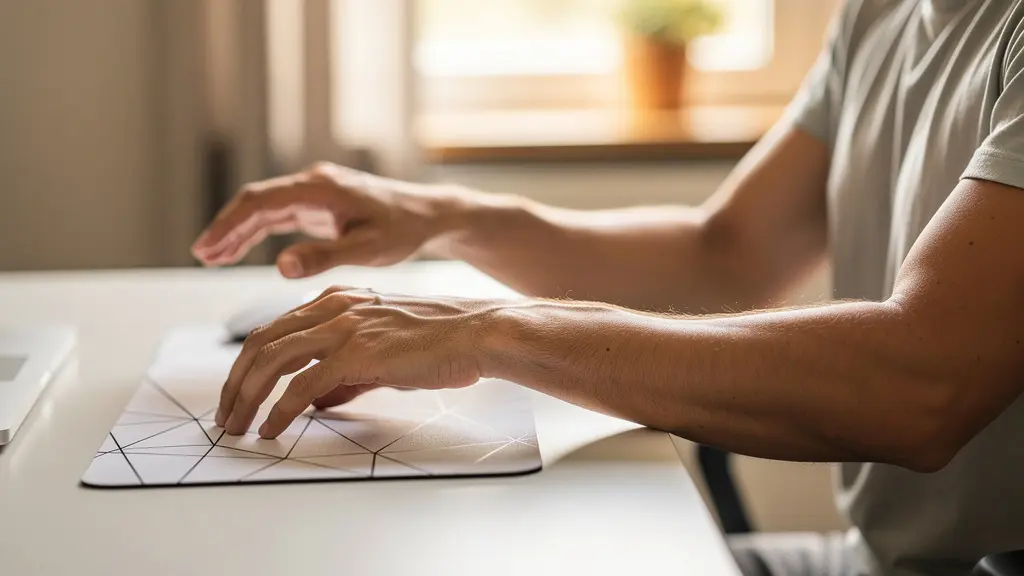 Close-up of proper arm positioning at adjustable desk showing optimal elbow angle