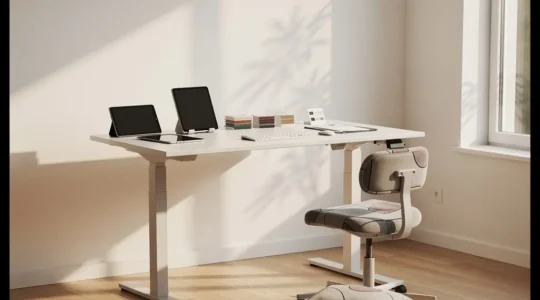 Modern ergonomic home office workspace with adjustable standing desk and specialized chair