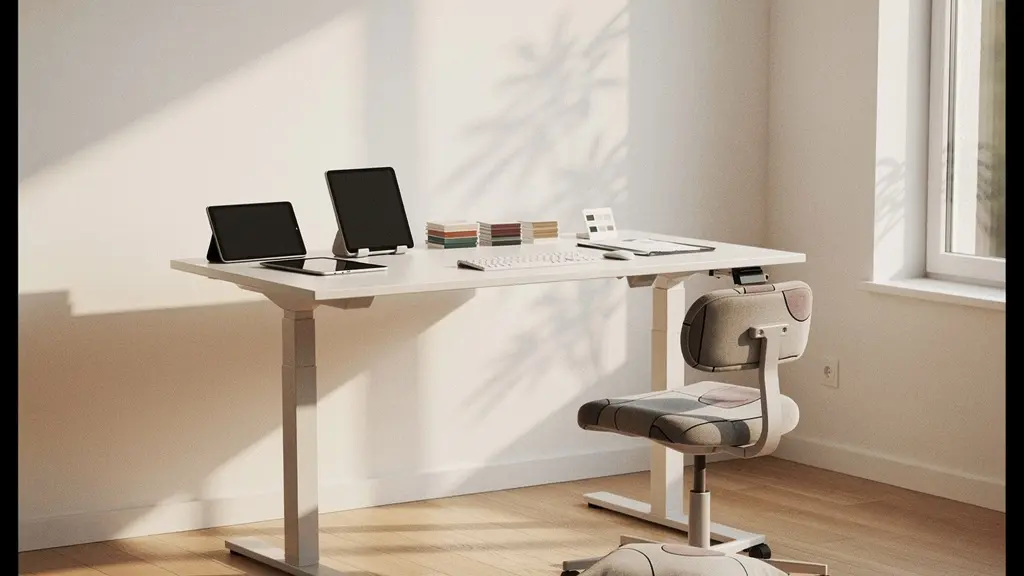 Modern ergonomic home office workspace with adjustable standing desk and specialized chair