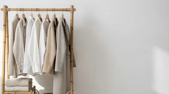 Minimalist wardrobe with sustainable fashion pieces arranged in an organized closet