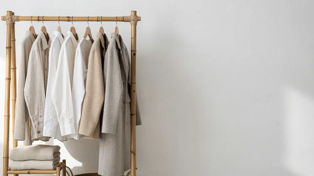 Minimalist wardrobe with sustainable fashion pieces arranged in an organized closet