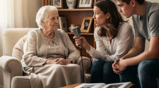 Multi-generational family gathered around vintage recording equipment sharing stories