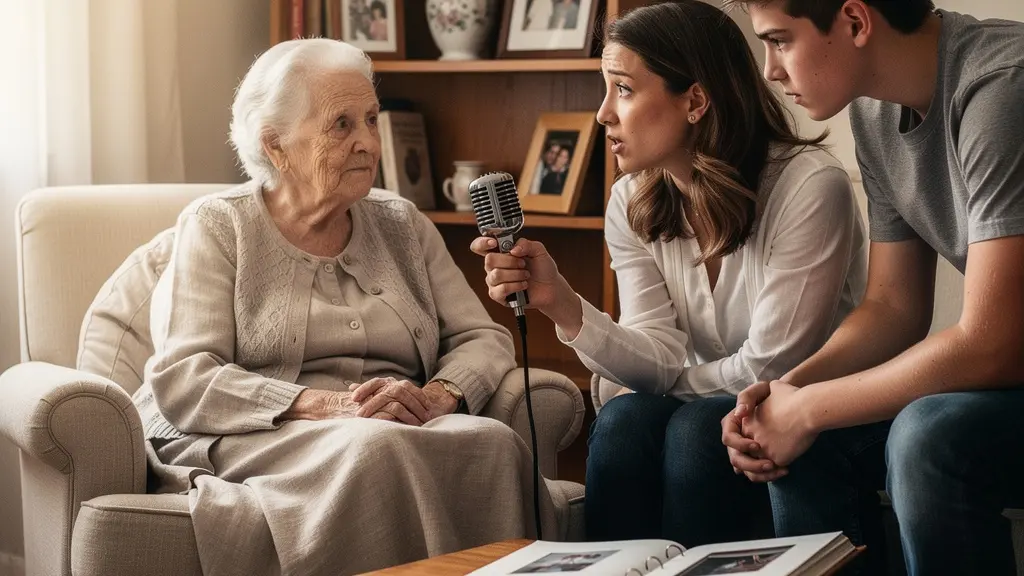 Multi-generational family gathered around vintage recording equipment sharing stories
