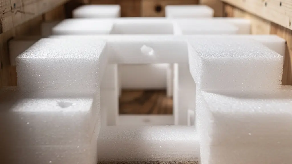 Close-up macro shot of ethafoam blocks creating a suspension system inside a wooden shipping crate for an artwork.