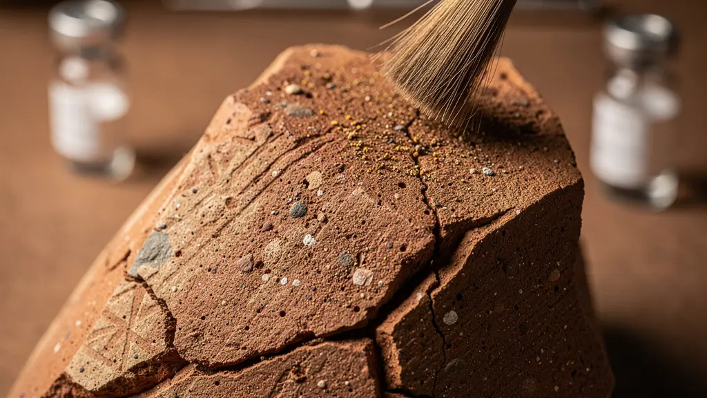 Extreme close-up of ancient pottery surface showing soil traces and material analysis