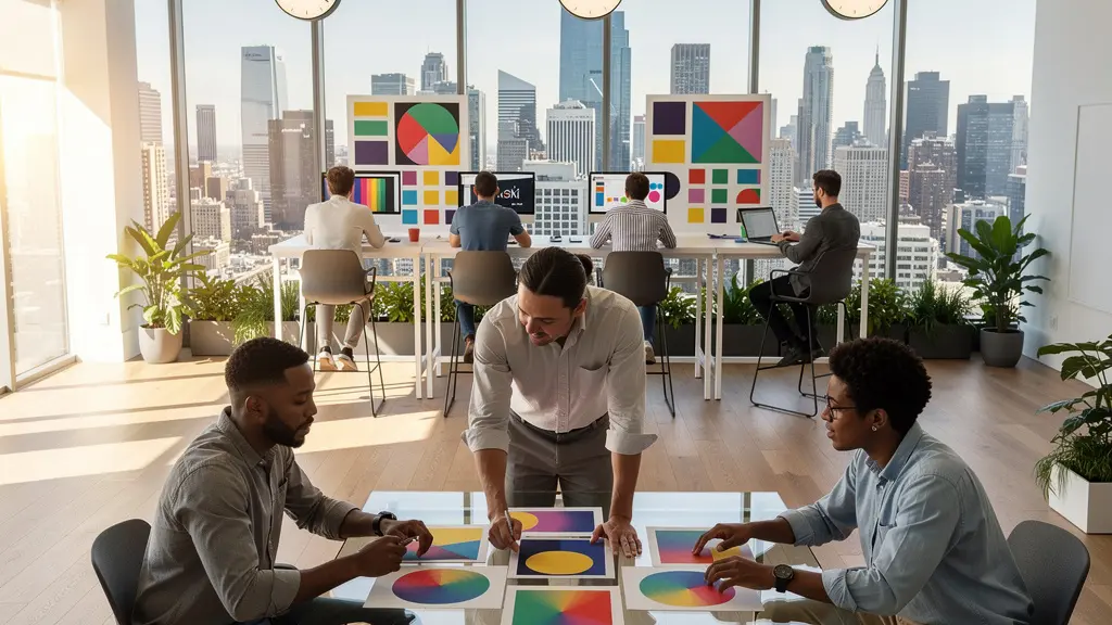 Creative professionals from diverse backgrounds collaborating in a modern open office space with world map elements subtly integrated