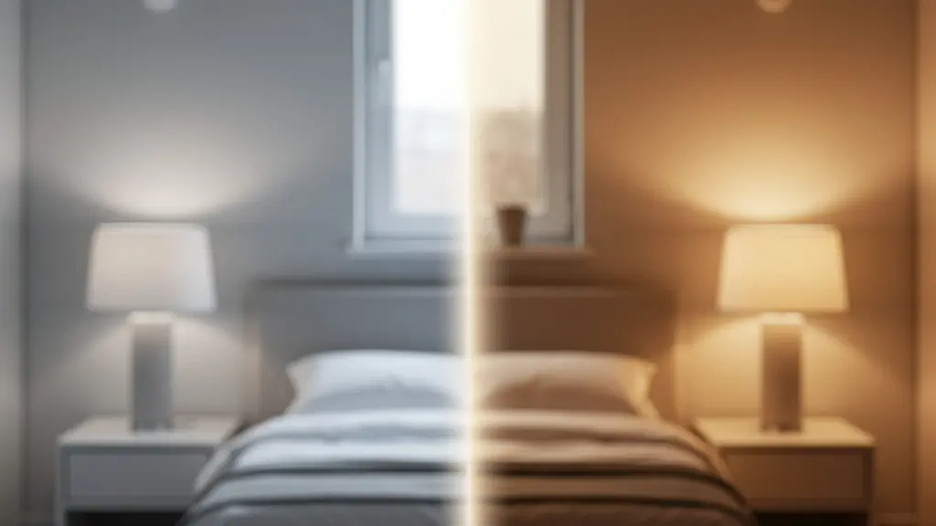 Bedroom showing gradual light color transition from cool to warm tones