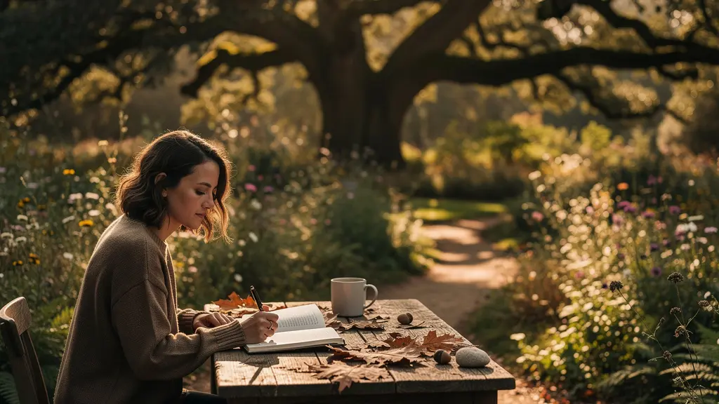 Person writing poetry in a peaceful garden setting surrounded by nature