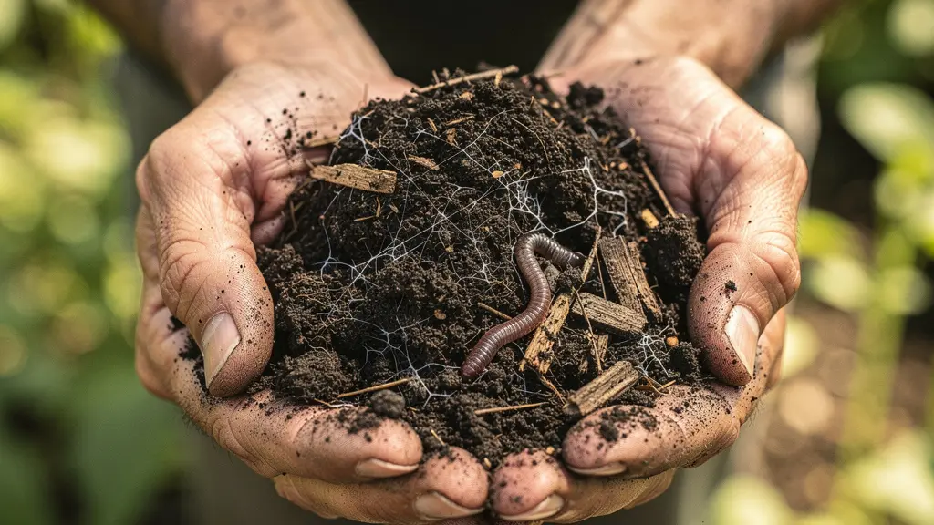 Two cupped hands holding a mound of rich dark crumbly compost teeming with organic matter, with visible root fragments and mycelium threads, against a blurred garden background.